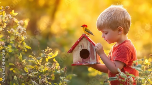 A young boy in a red shirt gently holds a rustic birdhouse as a colorful bird perches on top