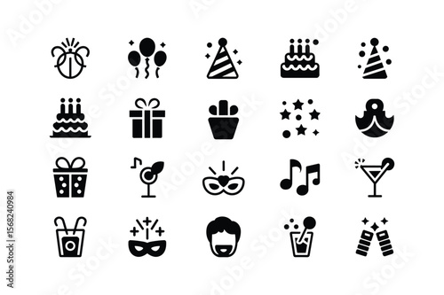 Festive celebration icons including balloons cake party hats gifts and drinks birthday