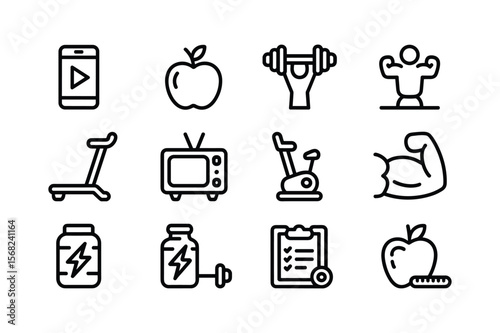 Fitness and health icons including mobile phone treadmill exercise bike and weights