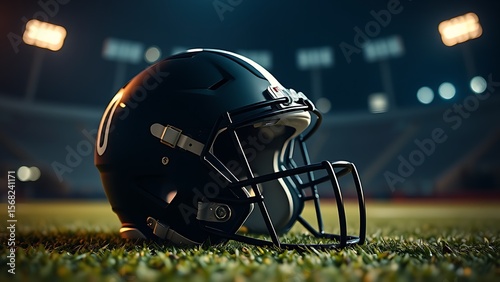 A dramatic low-angle shot of a football helmet on turf, capturing sports energy and intensity.