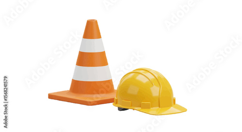 Cartoon traffic cone and helmet, 3D vector, plain white background