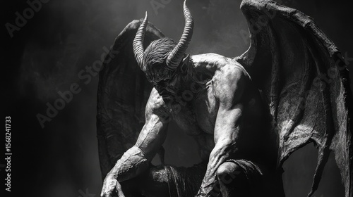 A powerful demonic figure with large wings and curved horns sits in a dark, smoky environment