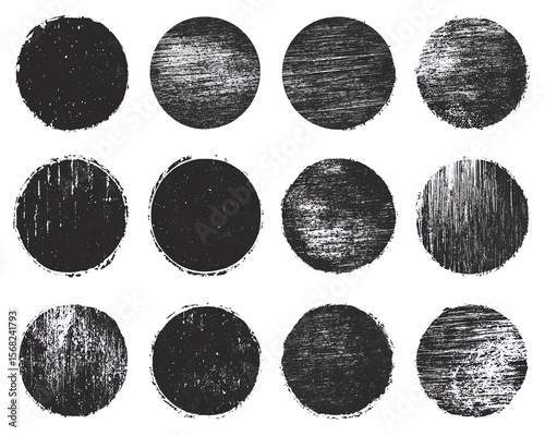 Grungy textured hand printed circle shapes collection Linocut vector relief block printing round rough worn scuffed textures set Lino ink grunge text frame templates Artistic circl