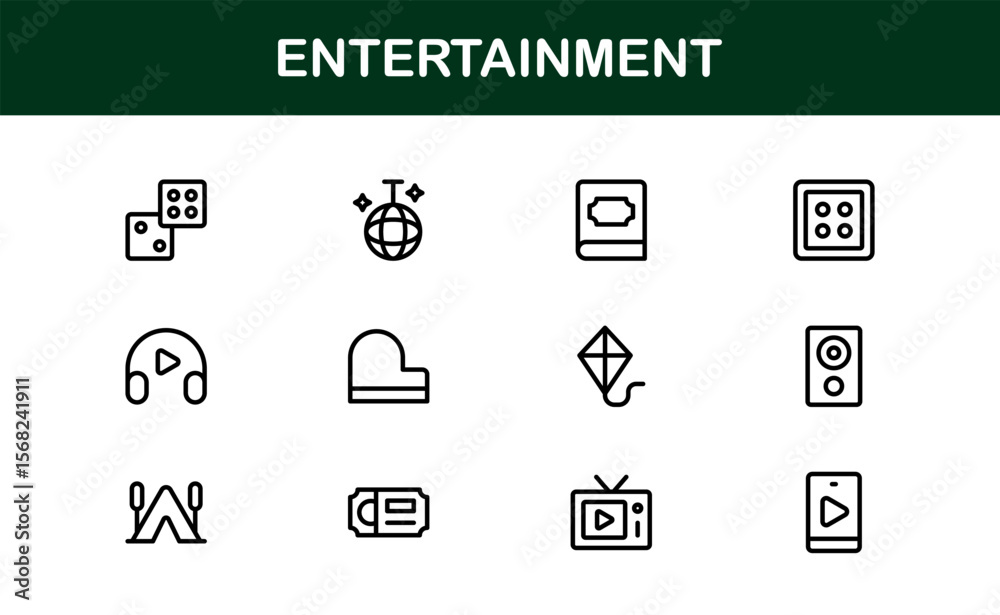Professional Entertainment Icons Pack with Minimal Line Art Featuring Media, Music, Cinema, and Gaming Professional Entertainment Icons Pack with Minimal Line Art Featuring Media, Music, Cinema, and Gaming