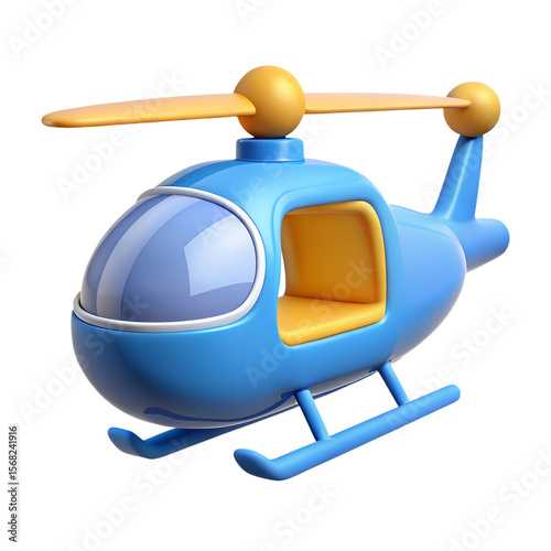 A friendly blue toy helicopter with yellow accents, isolated on transparent background