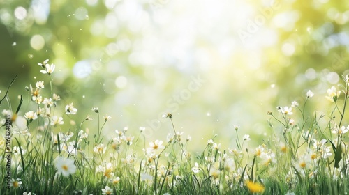 A sunlit summer meadow filled with delicate white wildflowers glows softly under a dreamy, bokeh-filled background