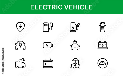Electric Vehicle Line Icon Set. Modern, minimal, professional electric mobility line icon set showcasing EV technology, charging, battery, car, and sustainability concepts.