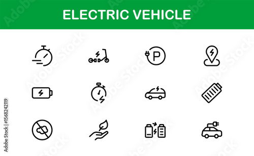 Electric Vehicle Line Icon Set. Modern, minimal, professional electric mobility line icon set showcasing EV technology, charging, battery, car, and sustainability concepts.