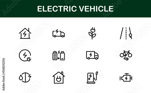 Electric Vehicle Line Icon Set. Modern, minimal, professional electric mobility line icon set showcasing EV technology, charging, battery, car, and sustainability concepts.