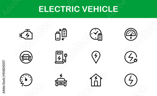 Electric Vehicle Line Icon Set. Modern, minimal, professional electric mobility line icon set showcasing EV technology, charging, battery, car, and sustainability concepts.