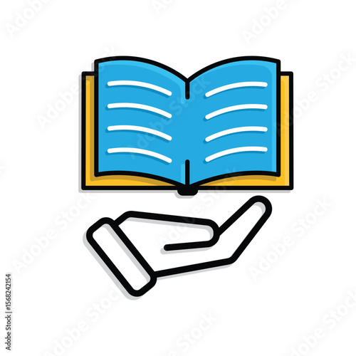 education icon. book in hand. open book with writing inside. smart. Mixed design style