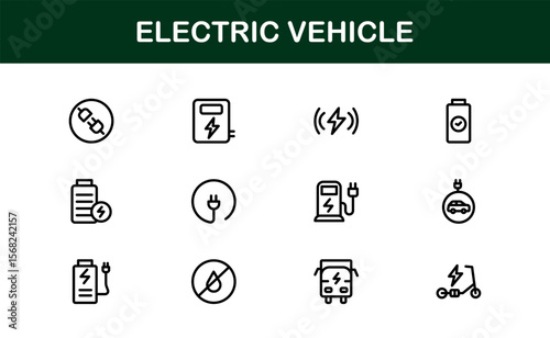 Electric Vehicle Line Icon Set. Modern, minimal, professional electric mobility line icon set showcasing EV technology, charging, battery, car, and sustainability concepts.