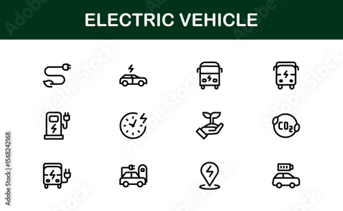 Electric Vehicle Line Icon Set. Modern, minimal, professional electric mobility line icon set showcasing EV technology, charging, battery, car, and sustainability concepts.
