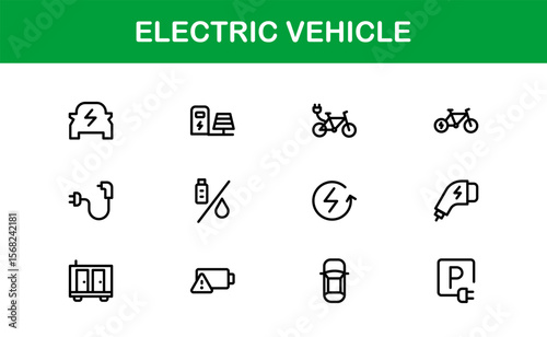 Electric Vehicle Line Icon Set. Modern, minimal, professional electric mobility line icon set showcasing EV technology, charging, battery, car, and sustainability concepts.