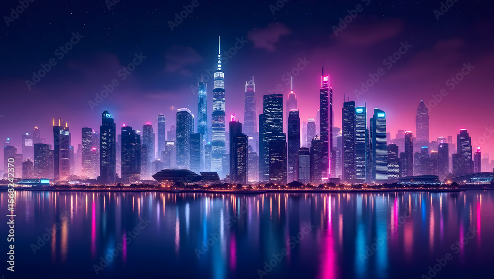 Fototapeta premium Neon Dreamscape Futuristic City Skyline Reflected Over Night Waters