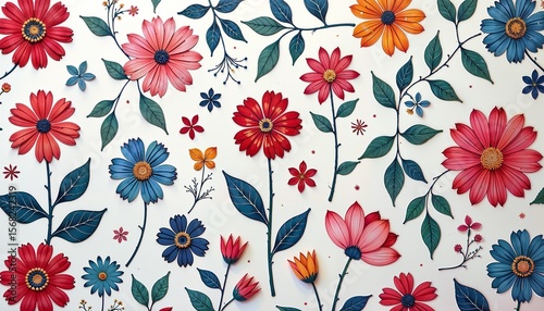 Seamless floral pattern with colorful paper-style flowers and leaves on white background for decoration. 