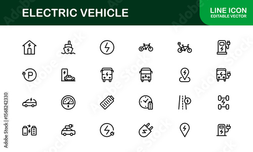 Electric Vehicle Line Icon Set. Modern, minimal, professional electric mobility line icon set showcasing EV technology, charging, battery, car, and sustainability concepts.