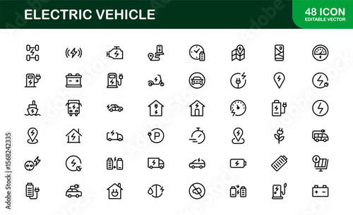 Electric Vehicle Line Icon Set. Modern, minimal, professional electric mobility line icon set showcasing EV technology, charging, battery, car, and sustainability concepts.