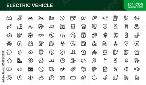 Electric Vehicle Line Icon Set. Modern, minimal, professional electric mobility line icon set showcasing EV technology, charging, battery, car, and sustainability concepts.