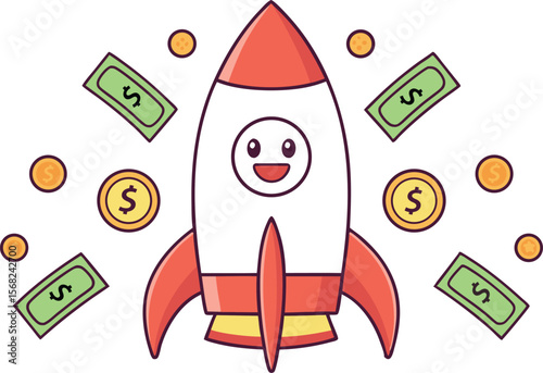 Cartoon rocket surrounded by money coins and dollar bills vector illustration