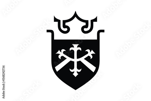 A stylized black heraldic crest featuring a shield with crossed keys and a crown above symbolizing authority power and tradition against a white background