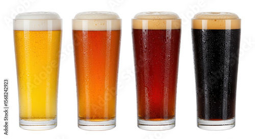 Four glasses of beer with different colors isolated on transparent background