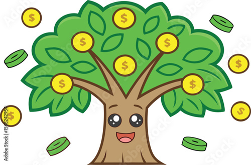 Cartoon money tree with a happy face and falling coins vector illustration