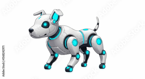 Illustration of a futuristic robotic dog with glowing blue accents standing on a white background