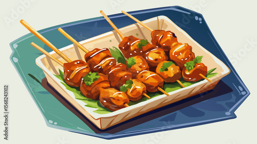 Yakitori, though Japanese in origin, is a popular European street food—chicken skewers caramelized in tare sauce, glossy and bite-sized, served neatly in white bento paper.

