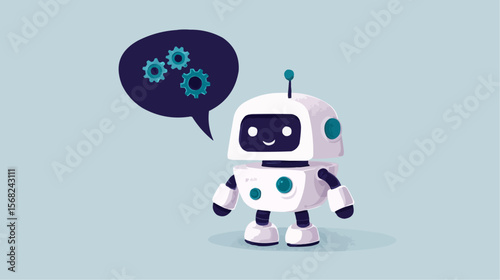 Illustration of a cute white robot with a speech bubble containing three teal gear icons on blue background