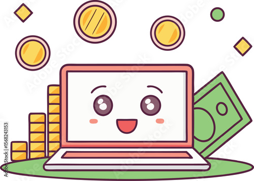 Cheerful laptop cartoon character with money and coins illustration scene vector illustration