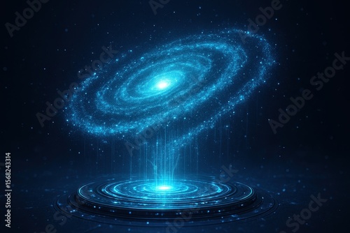 Futuristic holographic galaxy wallpaper with blue spiral star system glow