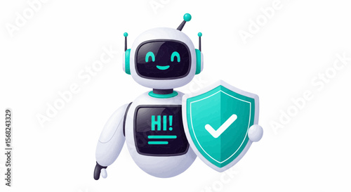 Illustration of a friendly robot holding a shield with a check mark for security assurance