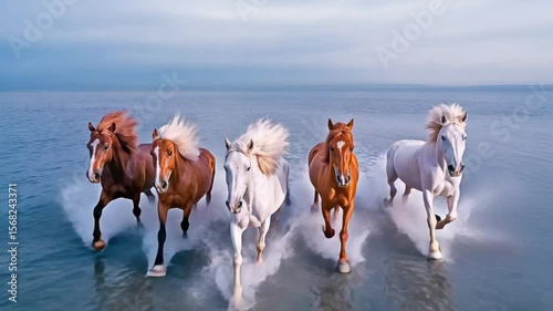 Majestic Horses Galloping Through Ocean Waves: Breathtaking 4K Aerial Footage