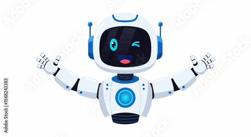 A cute white robot with blue accents winking and reaching out on a white isolated background design