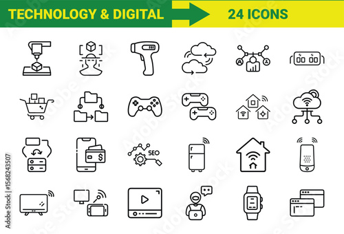 A modern collection of outlined digital technology icons showcasing innovative concepts of the digital era.