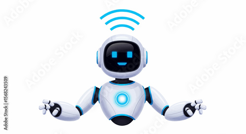 Illustration of a white and blue robot with a smiling face and wifi signal above its head on a white background