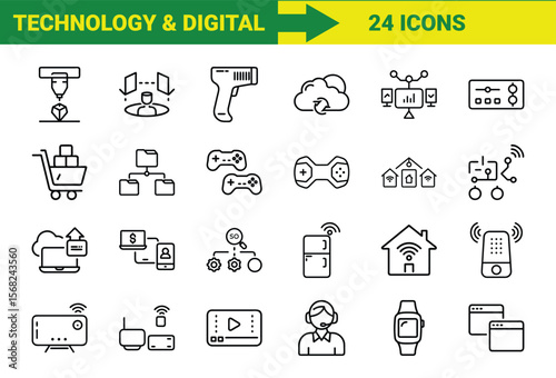 A set of twenty four outlined technology and digital icons for modern concepts and ideas