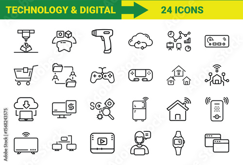Modern technology and digitalization icons for various applications and innovations in the contemporary world