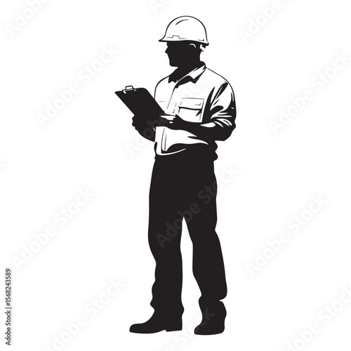 Construction Worker Inspector Silhouette Vector Illustration Clipboard Checklist
