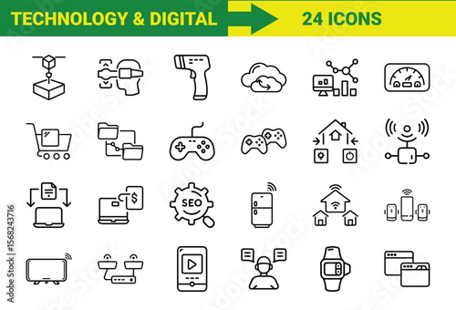 Collection of twenty-four modern technology and digital icons representing connectivity and innovations