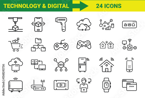 Collection of 24 technology and digital icons representing various aspects of modern digital life and connectivity