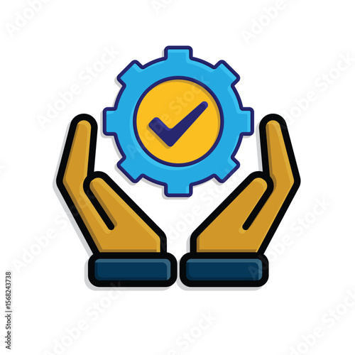 ai icon. AI Personal Assistant in two hand. Task automation. Gear moving with automatic checklist. UI, education. isometric design style
