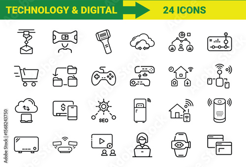 Collection of technology and digital icons representing modern concepts for web design and applications