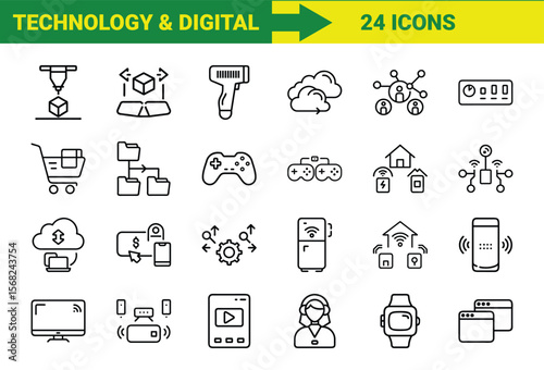Twenty four technology and digital icons depicting various innovations and concepts in vector illustration format