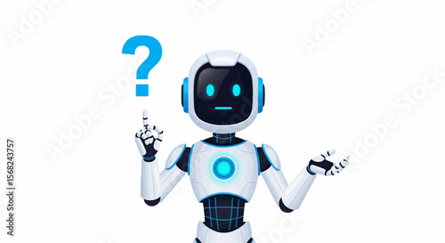 A curious robot with a question mark above its head in a thoughtful pose on a white background space