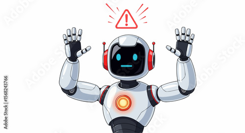 Cartoon robot with hands up and a red warning sign above its head on a white background image