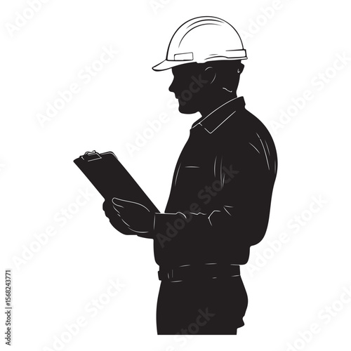 Construction Worker Inspector Silhouette Vector Illustration Clipboard Checklist