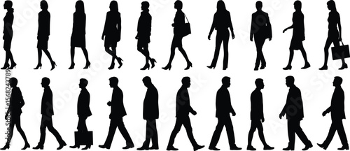 Silhouettes of walking business people, men and women, isolated vector set, professional pose collection, office workers, commercial illustration design elements