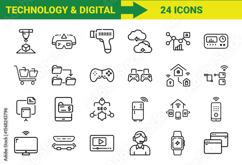 Collection of digital technology icons depicting modern innovations and smart devices for websites and applications.
